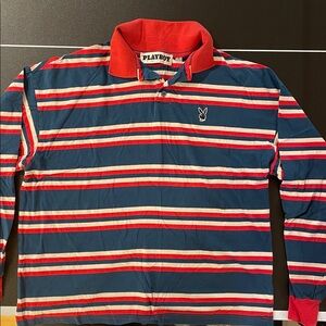 Playboy PacSun Polo Shirt Mens Medium Blue Striped Rugby Long Sleeve University